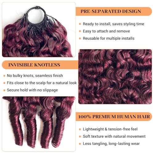 16 Inch Burgundy Burmese Curly Crochet Hair Bundles - 60g Pre-separated Human Hair, Feather Lightweight, Knotless & Reusable