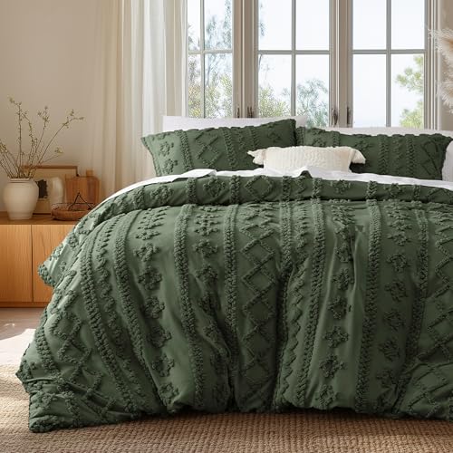 Boho King Duvet Cover Set - Olive Green Tufted Embroidery 3-Piece, Elegant Variation 02