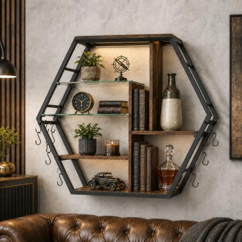 Large 39 Inch Gaming Floating Shelves with RGB LED Lights - Brown, 7.9"D
