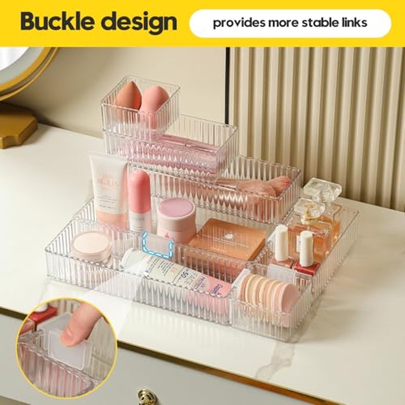 7 PCS Clear Drawer Organizer Bins with Locking Clips - Stackable Interlocking Makeup Vanity Organizer Trays for Bathroom, Cosmetics, Kitchen, Office - Acrylic Storage Containers Set