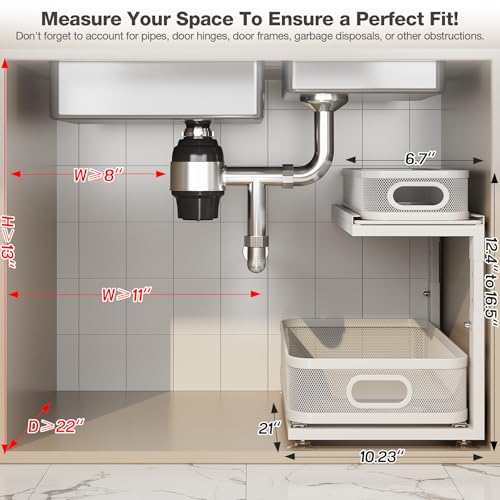 Corbyles 2 Pack 21" Depth Under Sink Organizer with Next-Gen Ball-Bearing Slides, 2-Tier Mesh Pull-Out, Height Adjustable, Anti-Rust White