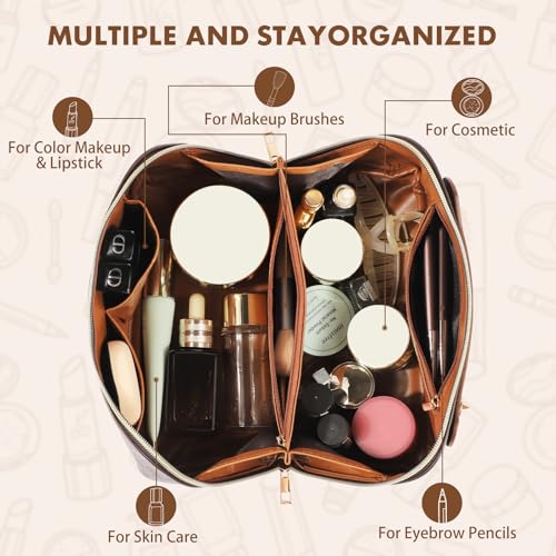 Leather Travel Makeup Bag, Large Capacity Cosmetic Bag for Women, Waterproof Portable Pouch with Divider, Toiletry Organizer with Handle, 10.5x5x5 Inches, Deep Brown