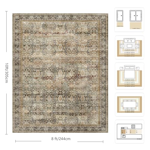 8x10 Charcoal & Olive Washable Area Rug - Vintage Retro Boho Large Carpet, Non Slip, Low Pile for Living Room & Bedroom - Variation of B-Charcoal / Olive