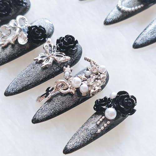 Luxury Long Stiletto Press-On Nails with Black Roses - S Black Rose Variation