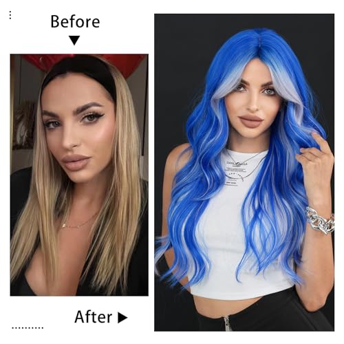 TRUMOST Blue Platinum Blonde Highlight Wig 26 Inch Long Wavy Synthetic Heat-Resistant with Curtain Bangs