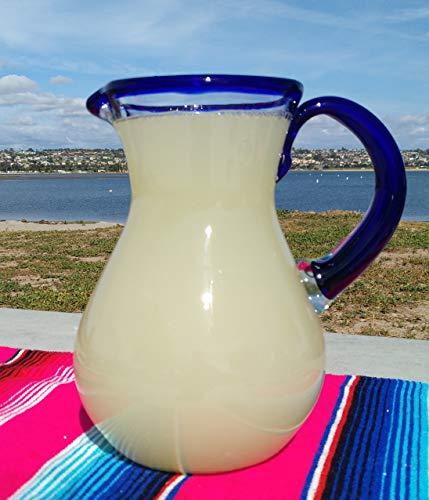 Mexican Hand Blown Glass Drinkware Set - 4 Margarita Glasses & Pitcher - Blue Rim