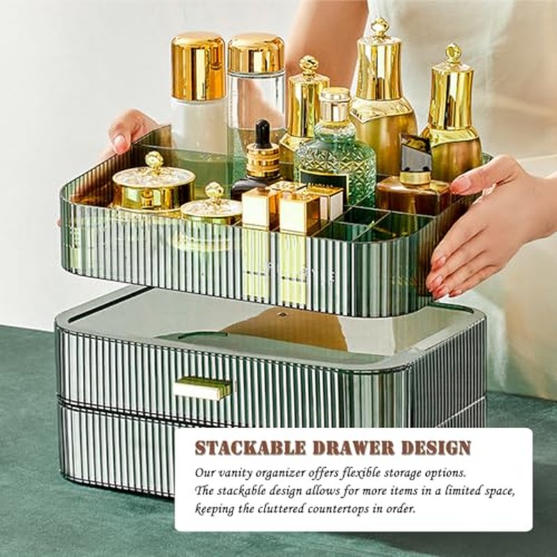 Makeup Organizer with Drawers, Stackable Cosmetics Organizer, Large Make Up Organizer Storage Box, Ideal for Bathroom Countertop and Desk (1 x Drawer, Green)