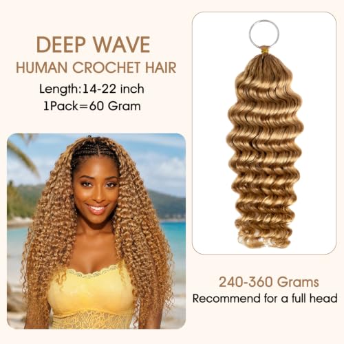 DonsiRol 12in Deep Wave 50g Human Crochet Hair #27 Honey Blonde, Reusable Knotless Feather Hair