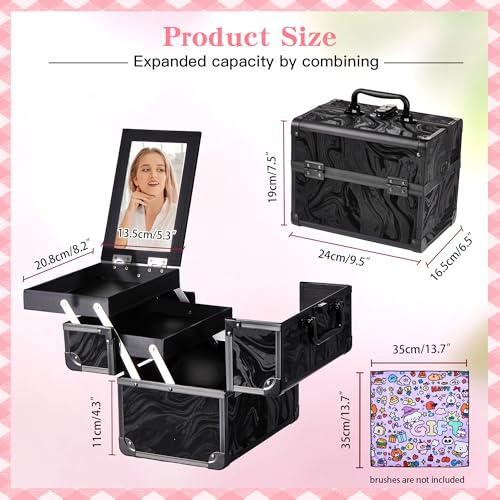 Portable Makeup Train Case with Mirror & 2 Trays - Black Pattern, Travel Cosmetic Organizer