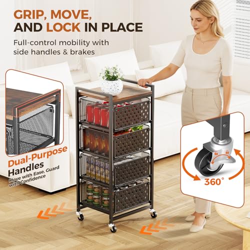 Black 5-Tier Kitchen Storage Cart with Wheels, Pull-Out Baskets & Wood Top