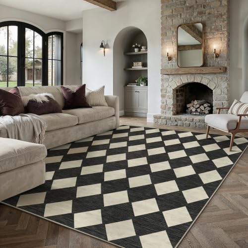 Black 6x9 Checkered Washable Area Rug - Non-Slip Living Room Carpet
