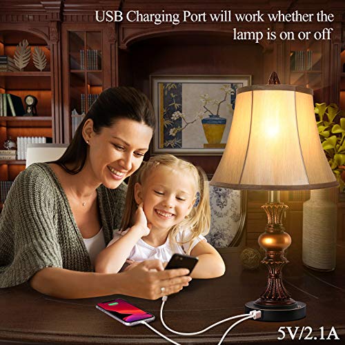Bronze Touch Control Vintage Bedside Table Lamp Set of 2 with Dual USB Ports and 3-Way Dimming