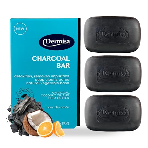 Dermisa Detoxifying Charcoal Bar Soap with Activated Charcoal, Coconut Oil and Shea Butter - Deep Pore Cleansing and Acne Treatment Soap for All Skin Types, 3.0 oz, Pack of 3
