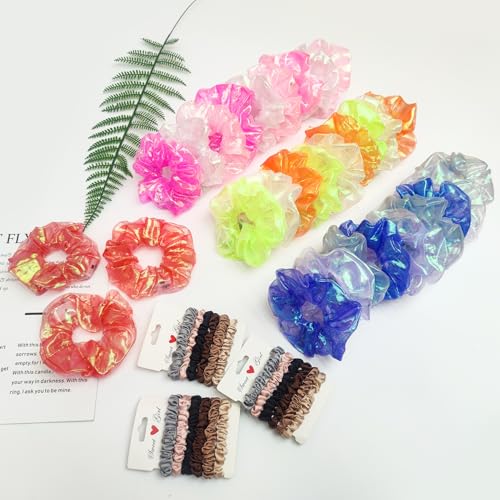 Multi-Colored 30 Pack Light Up LED Scrunchies & 18 Satin Hair Ties for Parties & Raves