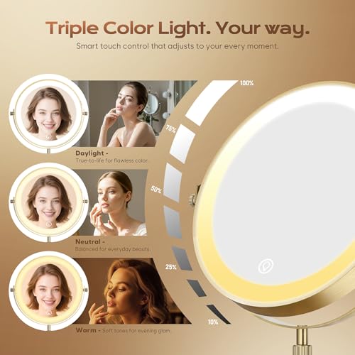 Lighted Makeup Mirror, 5000 mAh Rechargeable Double Sided Magnifying Vanity Mirror with 3 Colors, 1x/20x, 360¡Æ Rotation , Brightness Adjustable lighted mirror with magnification, Antique Bronze