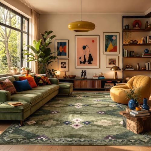 Green 8x10 Washable Area Rug for Living Room & Bedroom Non Slip Geometric