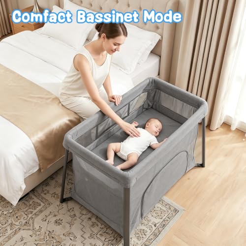 Travel Pack and Play with Bassinet - Grey Portable Baby Playpen & Sleep Space