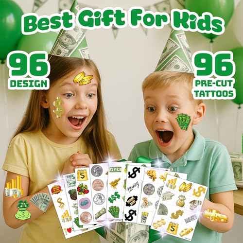 96 PCS Fun Money Pre-Cut Temporary Tattoos for Kids Theme Birthday Party Decorations Supplies Favors Decor, Cute Money Jar Stickers Tattoo Gifts for Boys Girls School Prizes Carnival