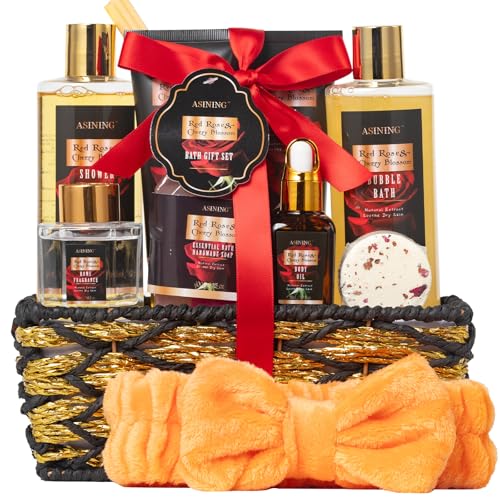 Birthday Gifts for Women, Spa Gift Baskets for Women, 14 Pcs Cherry Blossom & Rose Fragrance Spa Gifts for Mothers Day Gifts, Birthday Gifts for Wife, Self Care Kit