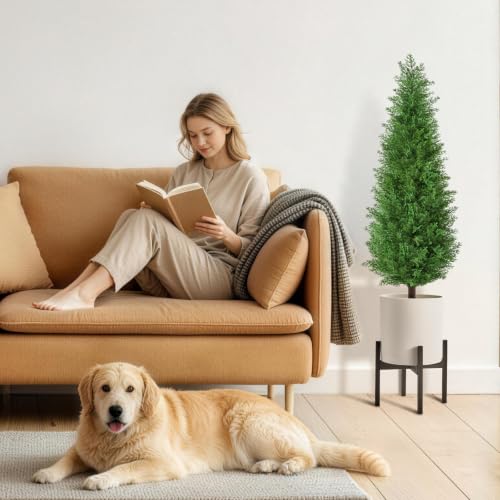 4FT Artificial Cedar Topiary Tree with Ground Spike - Realistic Fake Plant for Indoor & Outdoor Decor