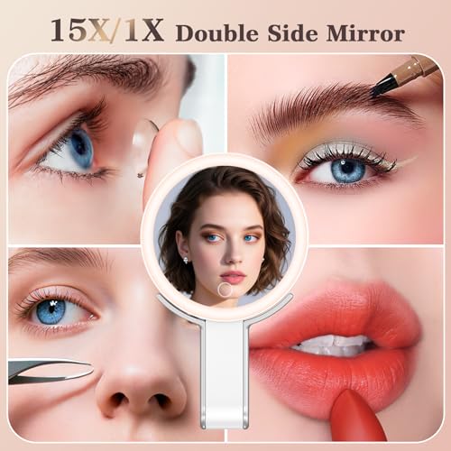 HUNCAB White 15X/1X Double Sided Travel Makeup Mirror with Lights