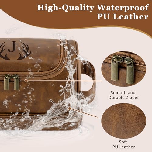 Personalized Men's Toiletry Bag with Initials - Light Brown, Waterproof PU Leather, Gift for Dad, Men, Birthday, Christmas