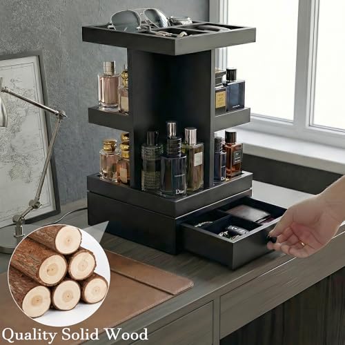 4-Tier Rotating Cologne Organizer for Men with Drawer - Modern Black