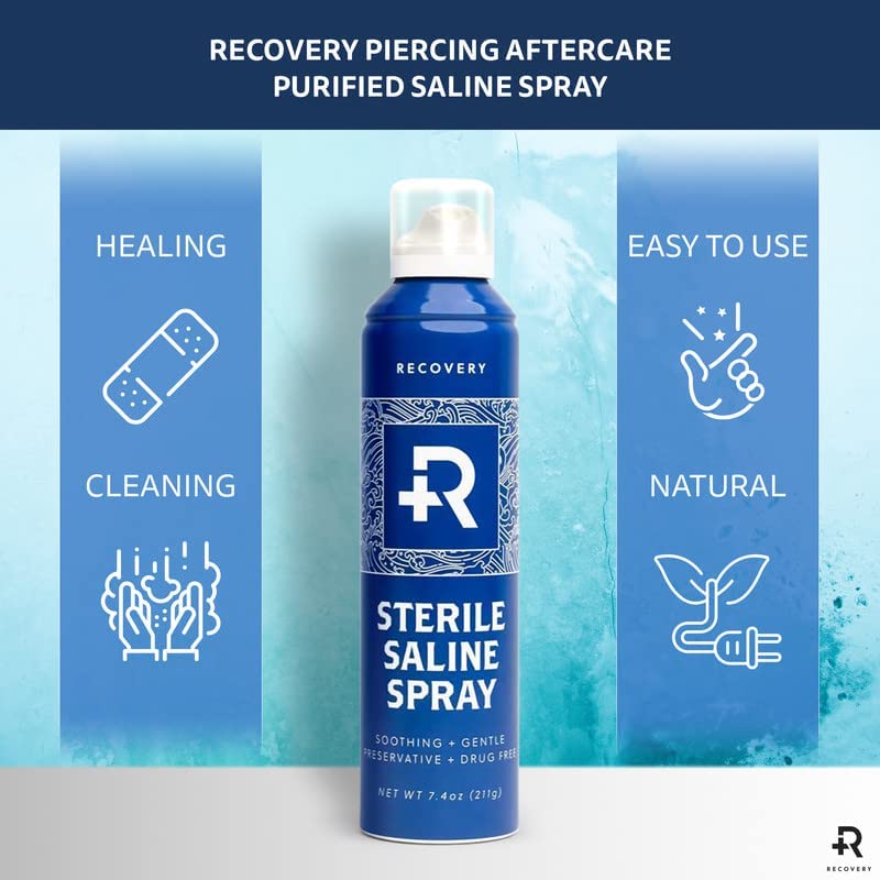 Recovery Aftercare Saline Piercing Aftercare Spray - Sterile Saline Solution for Ear, Belly & Nose Piercings - Removes Dirt & Debris - Soothing & Gentle Cleaner - Vegan & Preservative-Free (7.4 oz)