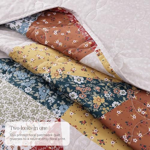King Quilt Set 3 Pieces - Burnt Orange Floral Patchwork Coverlet - Soft & Reversible Bedding