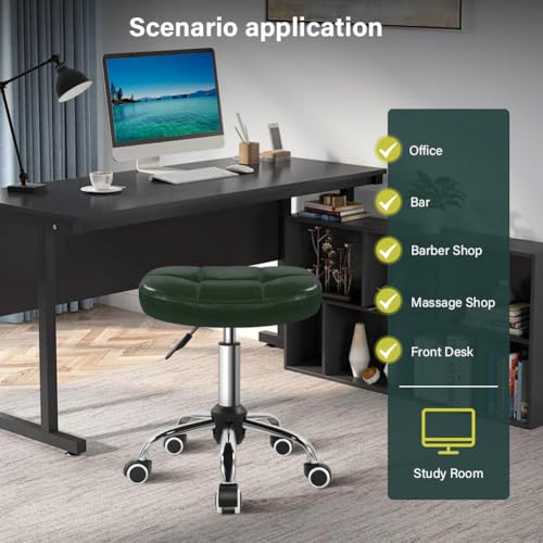 6-Square Lattice PU Swivel Stool with Wheel for Work SPA Shop Massage Height-Adjustable and Cost-Effective Rolling Stool Chair (Green)
