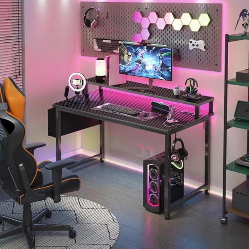 Lufeiya 40-Inch Gaming Desk with LED Lights & Power Outlets - Carbon Fiber Black