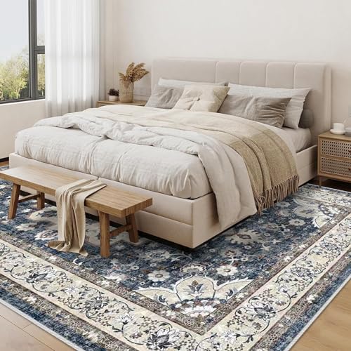 8 x 10 Blue Washable Living Room Area Rug - Stain Resistant Non-Shedding Carpet