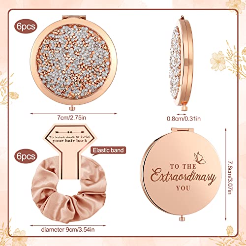 Chunful 6 Sets Bridesmaid Gifts for Women Include Rose Gold Compact Makeup Mirror with Satin Hair Ties Scrunchies Rhinestone Pocket Mirror for Bridal Shower Favors Bachelorette Party Gifts