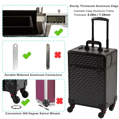 Arous Black Rolling Makeup Case on Wheels, Professional Cosmetology Storage