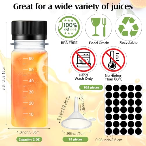 Roshtia 100 Pcs 2 oz Plastic Bottle with Caps for Liquids Small Clear Ginger Shots Bottles with Scale Reusable Mini Jars with Lids and 15 Pcs Funnel 3 Labels for Juice Sauce Bulk Portable Travel