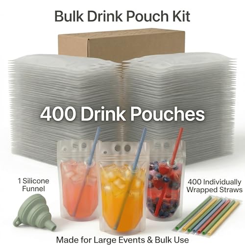400pcs Drink Pouches with Side Straw Port, 17oz Stand-Up Beverage Bags & Individually Wrapped Straws - Bulk Party Drink Supplies (Pack of 1)