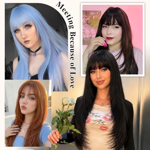 Light Blue Synthetic Wig with Bangs, Long Straight Layered 26 Inches - Cosplay & Formal