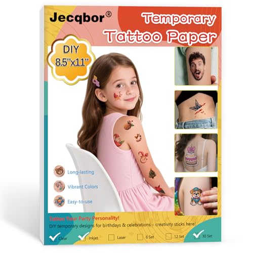 Jecqbor A4 8.5x11 Temporary Tattoo Paper Set for Inkjet Printers - 30 Sheets