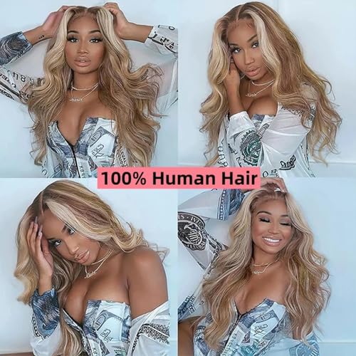 16 Inch Blonde Highlight Lace Front Human Hair Wig with HD Transparent Lace