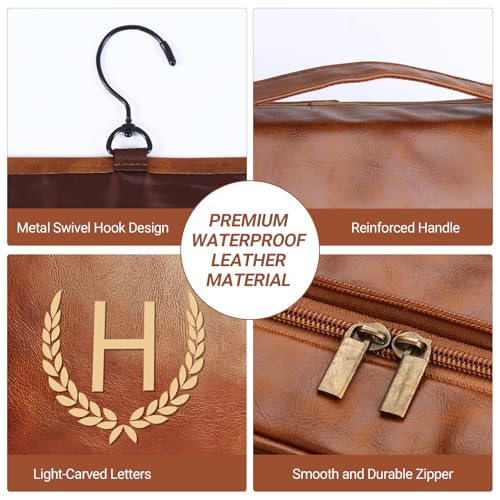 Personalized Hanging Travel Toiletry Bag for Men - Light Brown, Initial E, Large Organizer & Dopp Kit with Water-Resistant Compartments