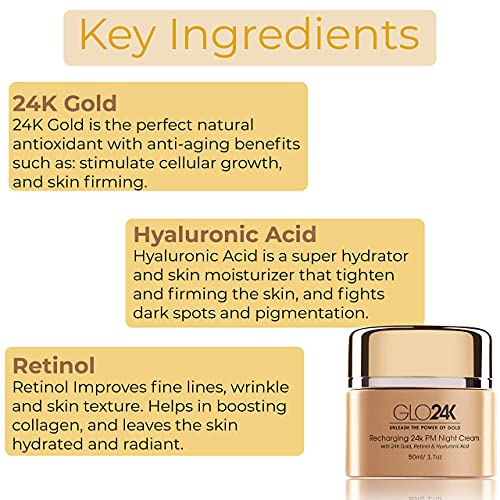 GLO24K Exfoliating Facial Cleanser & Night Cream with 24k Gold, Retinol, and Aloe Vera. Optimize your Daily Beauty Routine.