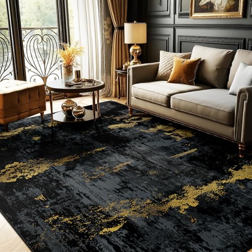 RELEANY 6' x 9' Abstract Area Rug — Black/Gold, Machine-Washable, Non-Slip Backing