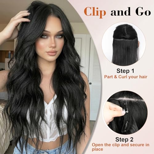 Natural Black 26 Inch Wavy Synthetic Clip-In Hair Extensions - 4PCS