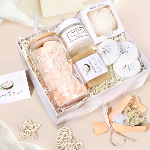 Spa Gift Baskets for Women, Sweet Coconut Birthday Gifts Baskets for Women, Spa Kit Gift Box, Bath and Body Relaxing Gifts Set for Mother Wife Sister Friends with Glass Cup Salt Scrub Shower Steamers