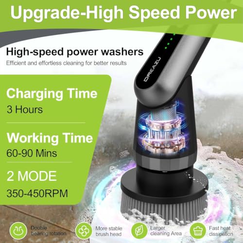 Dreazu Pro Electric Spin Scrubber Black - 10-in-1 Rechargeable Bathroom & Kitchen Cleaner