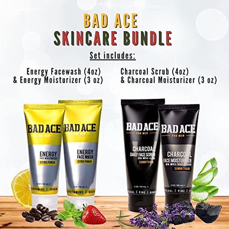 BAD ACE Skincare Bundle | Charcoal and Energy Skincare Sets | Korean Skin Care, Men's Face Care | Skin Care Kit for Men | Face wash, Face Scrub and Moisturizer Set of 4