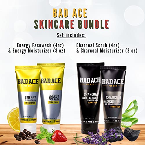 BAD ACE Skincare Bundle | Charcoal and Energy Skincare Sets | Korean Skin Care, Men's Face Care | Skin Care Kit for Men | Face wash, Face Scrub and Moisturizer Set of 4