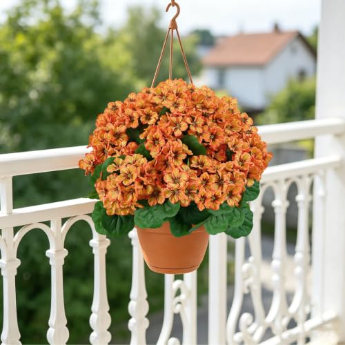 Orange Artificial Geranium Flower Ball - 18 Inch Fall Outdoor Decor for Porch & Garden - UV Resistant Faux Plant - Thanksgiving & Harvest Decoration - Variation 2