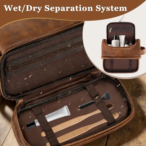 Personalized Men's Toiletry Bag with Initials - Light Brown, Waterproof PU Leather, Gift for Dad, Men, Birthday, Christmas