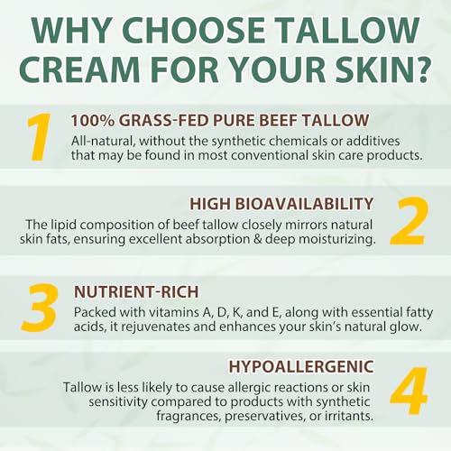 Beef Tallow for Skin, Beef Tallow and Honey Balm for Skin, Organic Grass Fed Whipped Tallow Balm, Deeply Moisturizing for Face & Body, Unscented Fast Absorption, 120g/4.2 oz